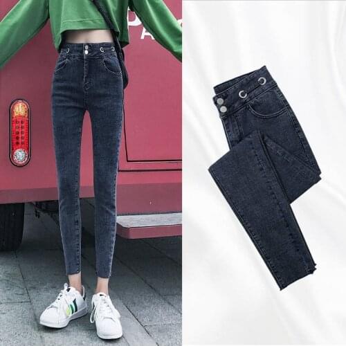 Women Pants Autumn Solid Color Traf Jeans Cotton Dark High Waist Jeans Cotton Dark Casual Small Feet Slim Fit Y2k Womens Jeans