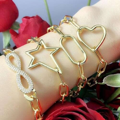 FLOLA Gold Curb Link Chain Heart Bracelets For Women Thick Chain Big Oval Star Charm Bracelet CZ Wholesale Jewelry Gifts brtc72