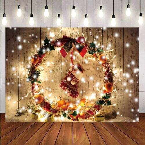 Christmas Wood Background Photography Shiny Dots Sock Wreath Party Dreamy Pattern Baby Kid Photo Backdrop Photocall Photo Studio