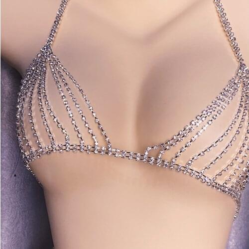 Women Simple Sexy Body Jewellery Chain Bikini Crytal Lingerie Bra and Thong Cute Copper Romantic Geometric Underwear Set