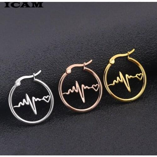 ICAM Cute Hoop Earrings for Men Women Heart beat Heart rate Punk Stainless Steel Huggie Small Earrings 3 Color