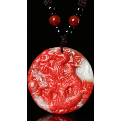 Fashion Colorful Jade Zodiac Dragon Pendant Necklace Jewellery Chinese Hand-Carved Healing Women Man Luck Gift Sweater Chain