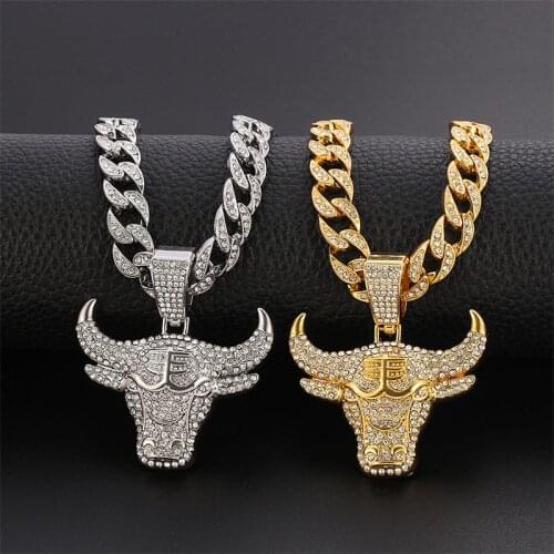 Bull Head Pendant Necklace Full Rhinestone Chinese Zodiac Animal Bull Necklace Mens Hip Hop Fashion Jewelry Cuba Chain Pendant
