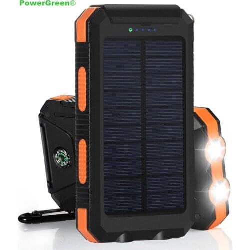 PowerGreen Solar Charger Battery Portable 10000mAh Rain-Resistant Shockproof, Dual USB Output Solar Power Bank for Phone