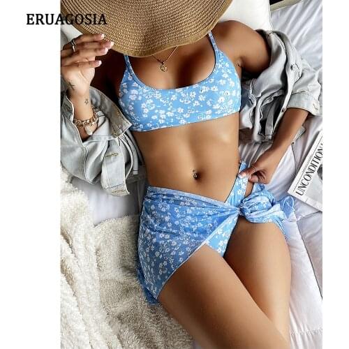 Sexy Floral Bikinis 2021 Mujer Swimsuit 3 Pieces Bandage Bikini Set With Skirt Swimwear Women Bathing Suit Blue Beach Wear