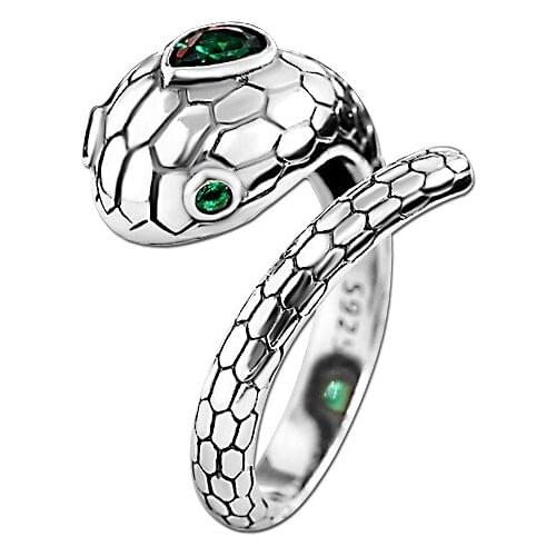 S925 Sterling Silver Ring for Men and Women Green Crystal Snake Shaped Opening Adjustable Ring Fashion Couple Rings Jewelry