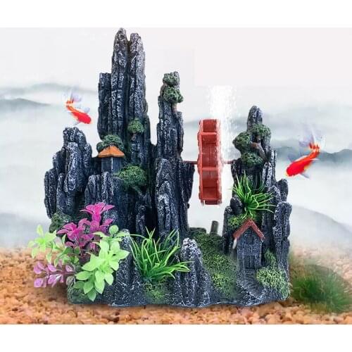 Fish Tank Landscaping Ornaments Aerated Windmill Rockery Aquarium Decoration Fish and Shrimp Refuge Hole Scenery Resin Simulatio