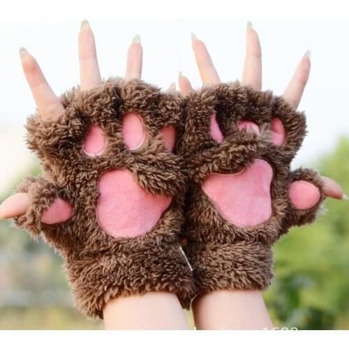 CUAHKCI Bear Cat Plush Paw Claw Cute Half Finger Gloves Winter Warm Fingerless Women Girls Lovely Mittens 1 Pair