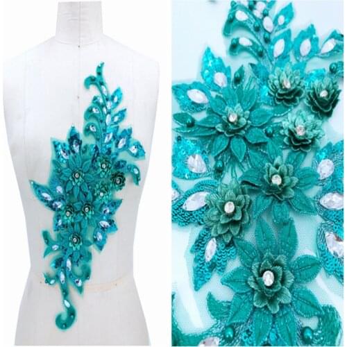 Blue-green Three-dimensional flowelace applique with handsewing beads rhinestones trimming patches 38*16cm for dress accessory