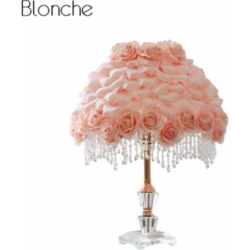 Nordic Rose Flower Table Lamp for Living Room Crystal Base Stand Desk Light Bedroom Bedside Lamp Wedding Decor Light Fixtures