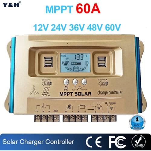 Y&H 60A Wind Solar Hybrid Controller MPPT LCD Dual USB 12V 24V 36V 48V 60V Battery Charging Regulator