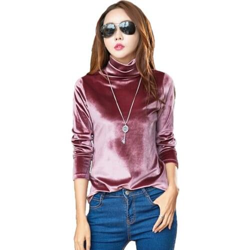 Long-sleeved Gold velvet T-shirt Top Women 2019 Autumn Winter High collar Bottoming shirt Female Plus size Pullover Tees A2617