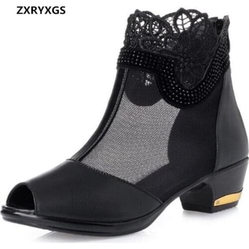 2020 New Classic Summer Shoes Women Sandals Cool Ankle Boots Thick Heel Black Lace Flower Genuine Leather Shoes Fashion Sandals