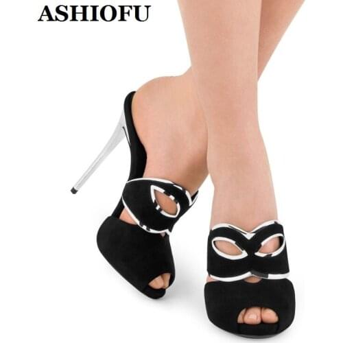 ASHIOFU Handmade New Womens High Heels Sandals Faux-suede Mask-face Slipper-shoes Peep-toe Sexy Evening Fashion Sandals Shoes