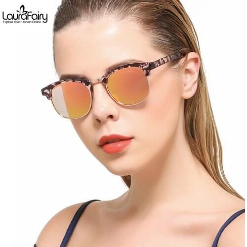 Laura Fairy Women Men Fashion Sun Glasses Semi-Rimless Design Rivet Decoration Mirrored UV400 Protection Driving Sunglasses
