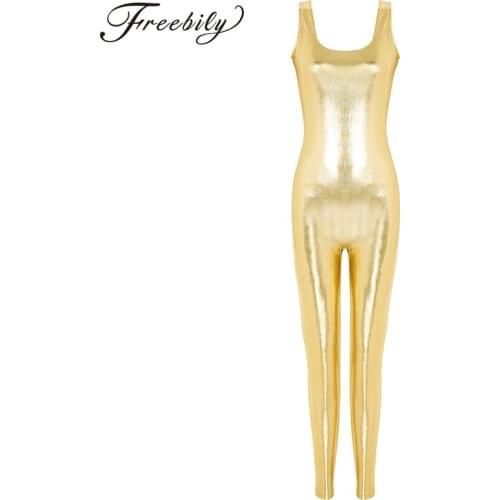 Women Spandex One Piece Shiny Metallic Sleeveless U-neck Tank Style Skin-Tight Catsuit Leotard Bodysuit Clubwear Costume