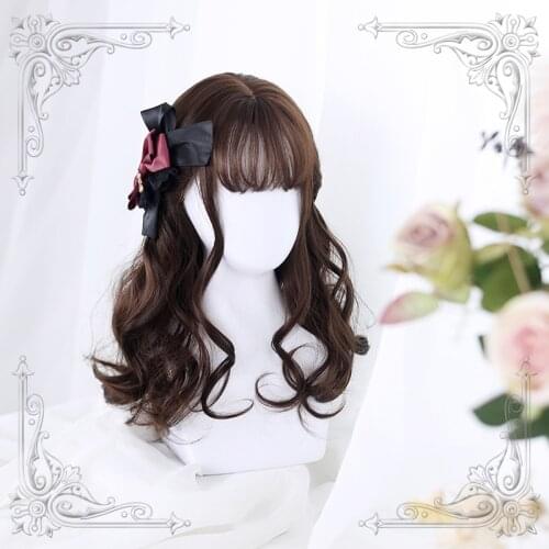 High Quality Lolita Dark Brown 50CM+ Mid-Length Big Wave Female Wig Cosplay Party