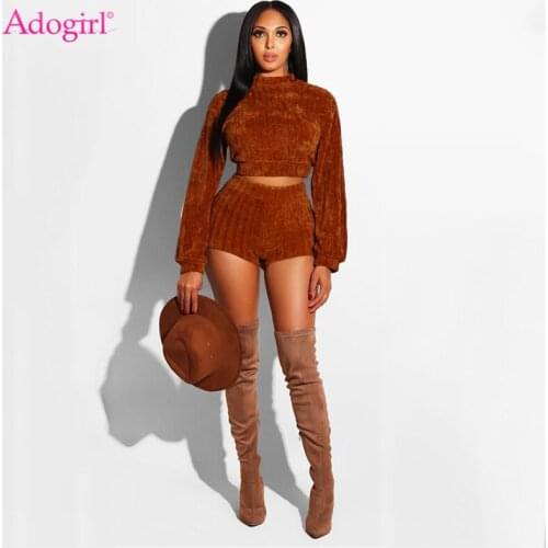 Adogirl Women Knit Casual Two Piece Set Tracksuit O Neck Long Lantern Sleeve Pullovers Crop Top + Shorts Sexy Club Outfits Suit