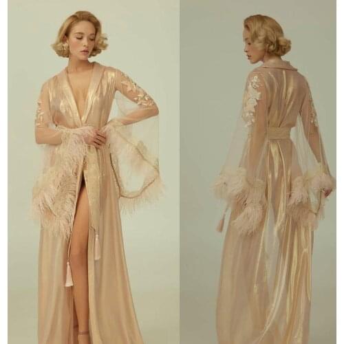 Gold Women Lace Kimono Lady Sexy Bathrobe Feather Bride Wedding Robe Dress Gown Sexy Nightgown Sleepwear