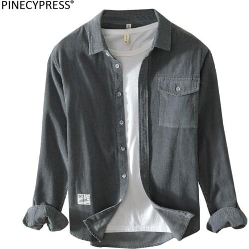 100% Cotton Corduroy Man Quality Spring Autumn Male Solid Fashion Pocket Grey Vintage Flannel Men Casual Long Sleeve Shirts