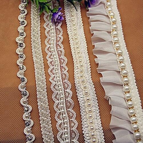 1YD Beaded Chiffon Organ Folded Pearl Lace Beaded Chain DIY Accessories Pearl Ribbon Skirt