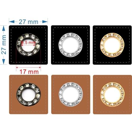 30pcs/lot 27mm square black/brown PU leather sew on Badges patch + 17mm metal brass glass rhinestone grommets eyelets 9mm hole