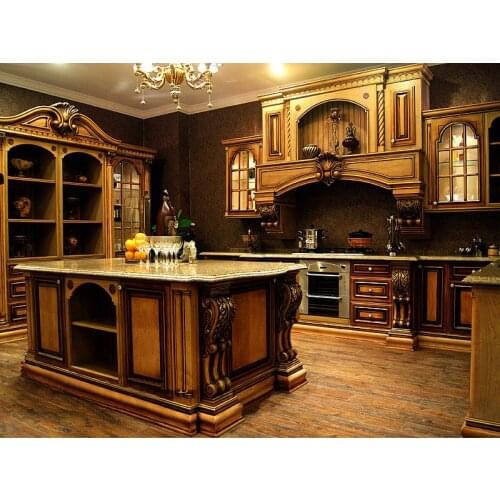 Antique Cherry Wood Kitchen Cabinet Designs With Evident Cherry Grain And Gold Touches
