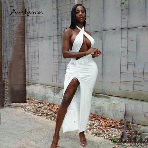 Avrilyaan White Drawstring Halter Pleated Sexy Bodycon Dress Women Night Club Party Dresses Elegant Long Summer Dress Vestidos