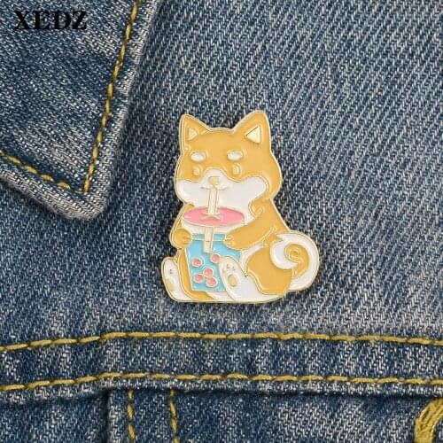 XEDZ Pearl Drink Dog Enamel Pin Cartoon Animal Pushpin Obediently Funny Shirt Men and Women Punk Lapel Brooch Gift for Children