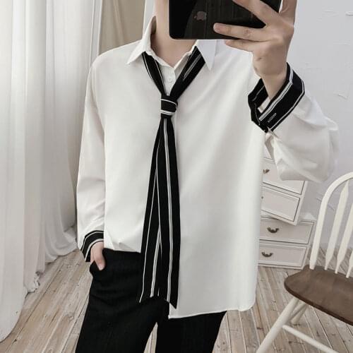 Tie Dress Shirt Mens Fashion Solid Color Business Casual Shirt Men Streetwear Wild Loose Korean Long Sleeve Shirt Mens S-5XL