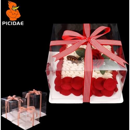 Square Top Transparent Cake Box PET Fully Clear Packing Plastic Festival Wedding Birthday Party Gift Flower Rose Bear Toy Doll