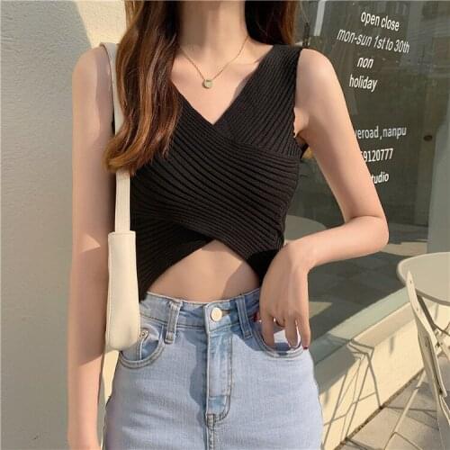 2021 Summer New Style Korean Fashion Slim Slimming Halterneck Sweater Short Inner Vest Shirt Top Womens Clothing