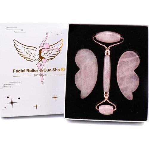 Natural Rose Quartz Jade Roller Gua Sha Set Facial Body Massager Roller Jade Stone Massage Set Face Lifting Beauty Massage Tools