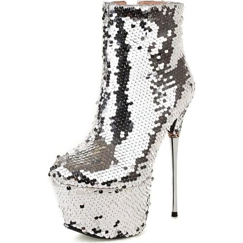 MKKHOU Fashion Short Boots Womens New Winter Silver BlingBling Platform Boots Metal Stiletto Ladies Super High Heel Boots