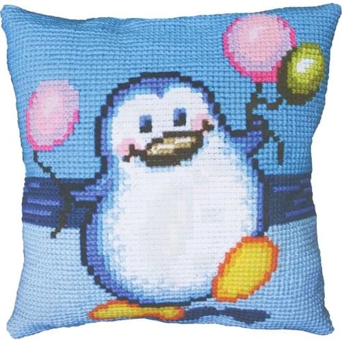 DIY Cross Stitch Cushion Front Happy Penguin Needlepoint Kits Printed Canvas Chunky Yarn Cross-stitch Pillow Case Arts & Crafts