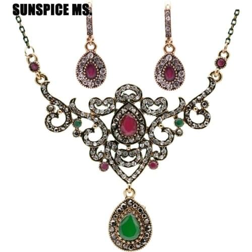 Vintage High Quality Women Flower Jewelry Sets Turkish Resin Earring&Necklace Drop Pendant Hollow Roll Grass Pattern Bijoux Gift