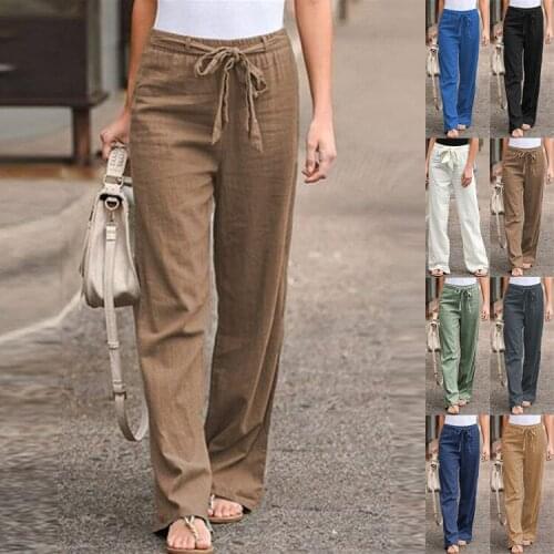 2021 new womens summer in Europe and the elastic waist is pure color cotton and linen girdle wide-legged trousers slacks