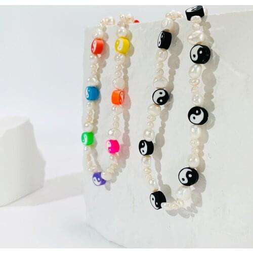 ALLNEWME Unique Design Polymer Clay Ying Yang Freshwater Pearl Necklaces for Women Beach Jewelry Bohemia Beaded Rainbow Necklace