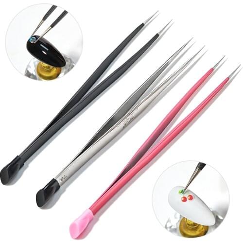 Nail Tweezers with Silicone Pressing Head for Sticker Rhinestones Picker Tool Straight Curved Manicure Nail Art Stainless Steel