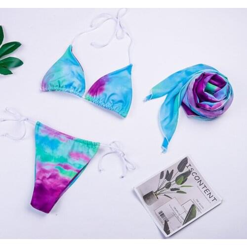 Sexy 2021 Bikinis Set Womens Split High Waist Tie-Dye Printed Three-Piece Skirt Style Mesh Bikini Summer Beachwear Bathwear