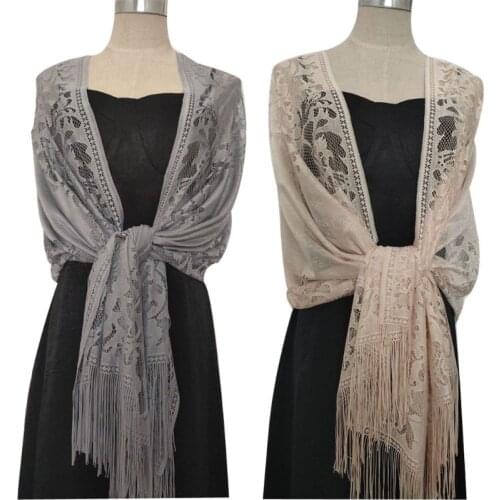 185x63cm Womens 1920s Scarf Wraps Hollow Out Crochet Floral Lace Fringed Tassels Wedding Cape Evening Party Vintage Shawl