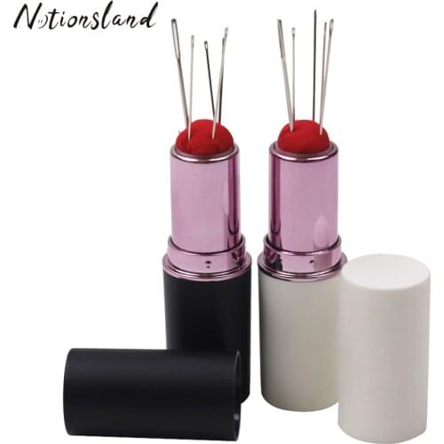 DIY Lipstick Shaped Needles Pin Cushion with 5pcs Sewing Needles Rotatable Needle Holder Pincushion Sewing Tool Accessories