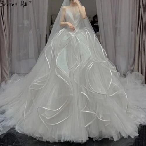 High-end White V-Neck Ruffles Wedding Dresses 2021 Sleeveless Sexy Tulle Bridal Gowns HA2383 Custom Made