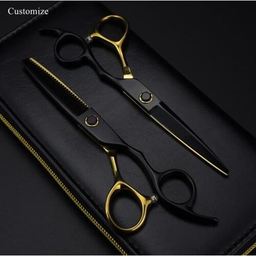 Customize logo Japan 440c 6 '' black&gold bearing hair scissors haircut thinning barber hair cutting shears hairdresser scissors