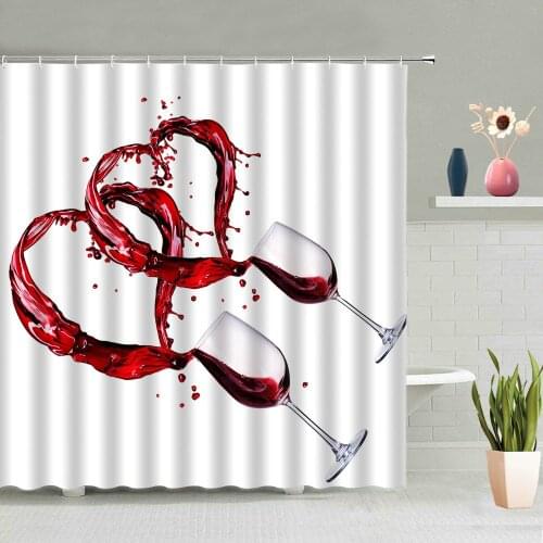 Red Wine Glass Shower Curtains Rose Flower Romantic Couple Bathroom Decoration Hanging Curtain Washable With Hooks Home Screen