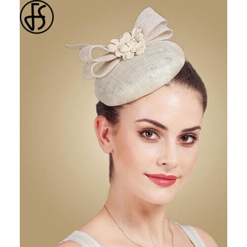 FS Beige White Pillbox Hats Women Fedoras Vintage Sinamay Fascinator Hat With Flower Wedding Hats Cocktail Party Church Hats