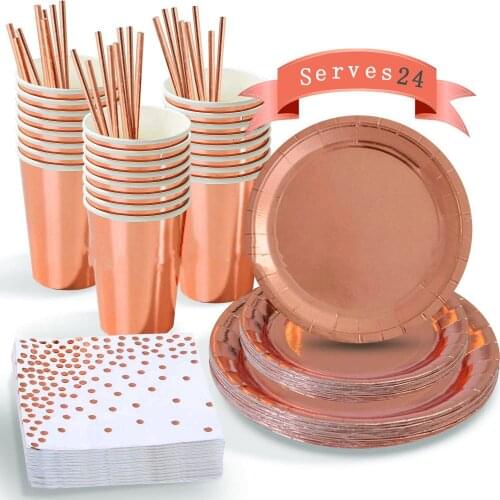 146pcs for 24 people Rose Gold party suppliers gilded paper tray paper cup plate napkins decoration