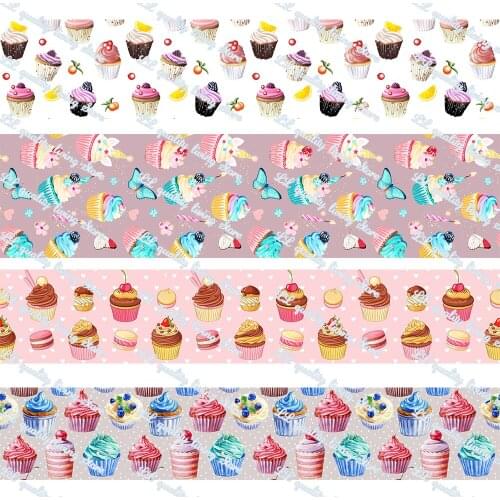 16-75MM Cartoon Cup Cake Printed Grosgrain Ribbon 50 Yards/Roll Tape Clothing Bakery Gift Wrapping Accessory Hairbow Head