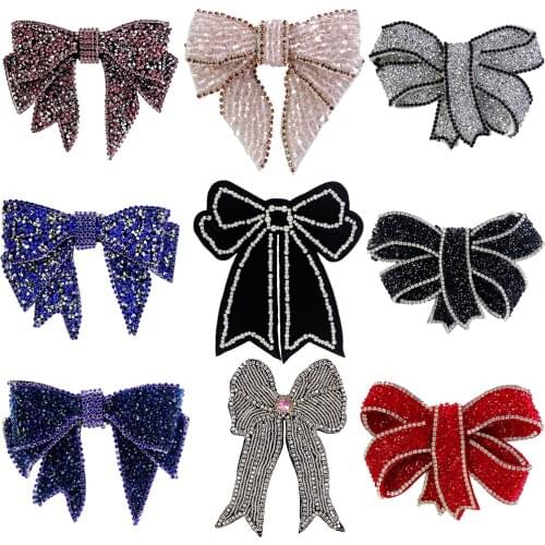 Bow Knot Patches Bead Crystal Sequin Hot Fix Rhinestons Motif Applique Garment Badge for Clothing Hair Pin DIY Craft 2pcs TH1739