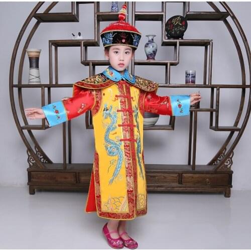 Child Chinese Traditional Hanfu Dress Women Girls Queen Stage Yellow Clothing Costumes Tang Suit Kids Robe+hat Sets